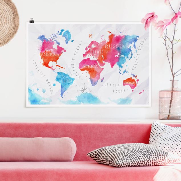 Kök dekoration World Map Watercolour Red Blue