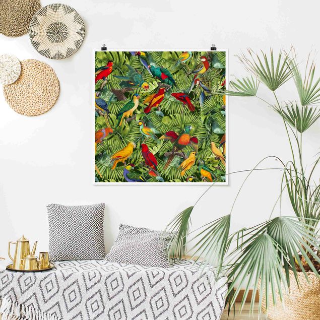 Tavlor djungel Colourful Collage - Parrots In The Jungle