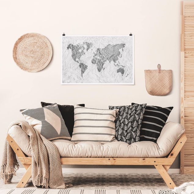 Posters svart och vitt Paper World Map White Grey