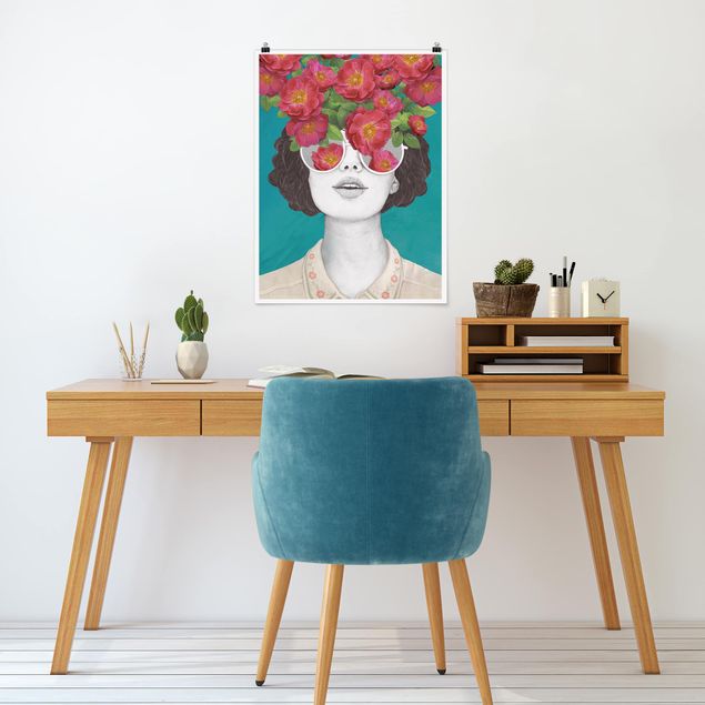 Tavlor konstutskrifter Illustration Portrait Woman Collage With Flowers Glasses