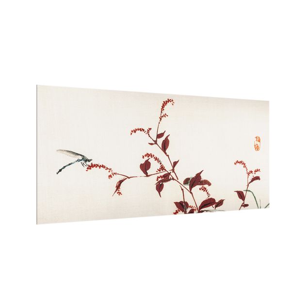 glasskiva kök Asian Vintage Drawing Red Branch With Dragonfly