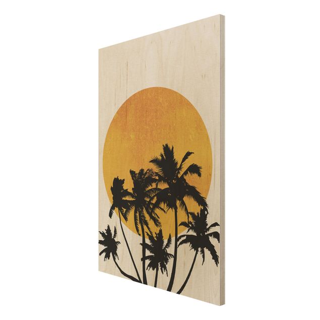 Trätavlor landskap Palm Trees In Front Of Golden Sun