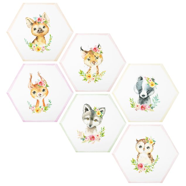Tavlor modernt Watercolour Forest Animals With Flowers Set V