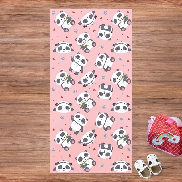 balkongmatta Cute Panda With Paw Prints And Hearts Pastel Pink