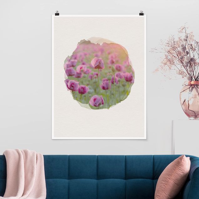 Tavlor vallmor WaterColours - Violet Poppy Flowers Meadow In Spring