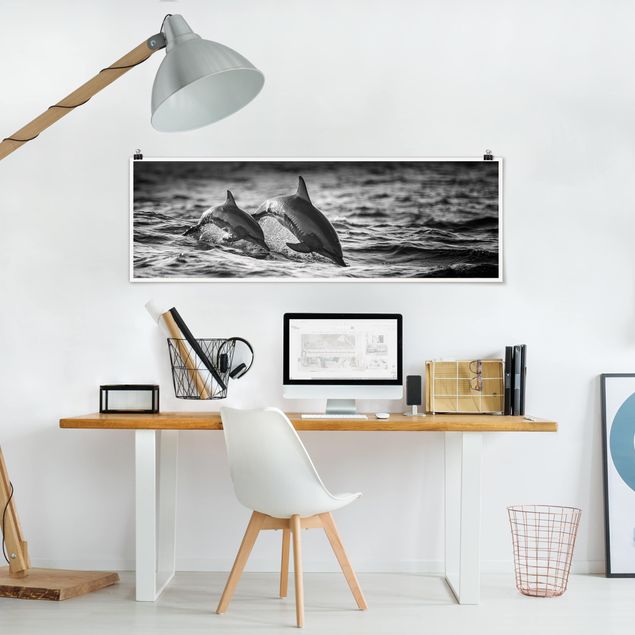 Posters svart och vitt Two Jumping Dolphins