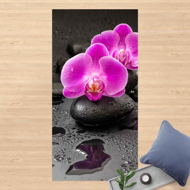 balkongmatta Pink Orchid Flower On Stones With Drops