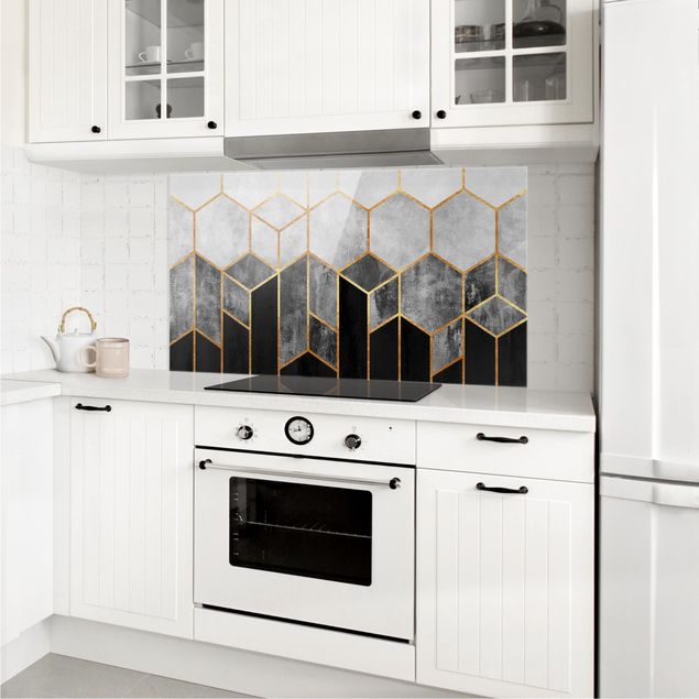 Stänkskydd kök glas mönster Golden Hexagons Black And White