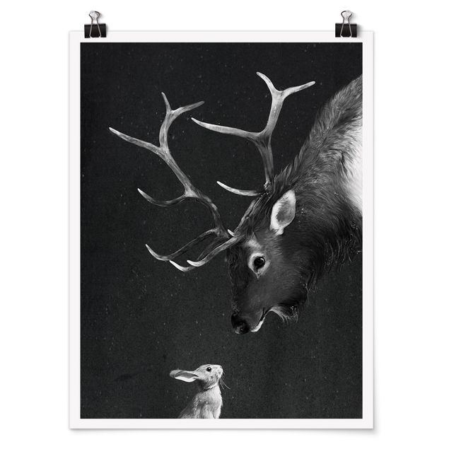 Posters svart och vitt Illustration Deer And Rabbit Black And White Drawing