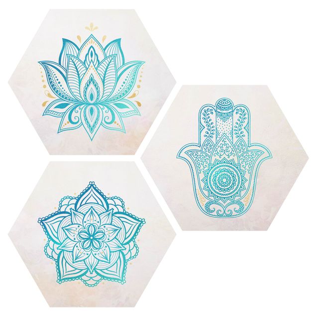 Tavlor andlig Mandala Hamsa Hand Lotus Set Gold Blue