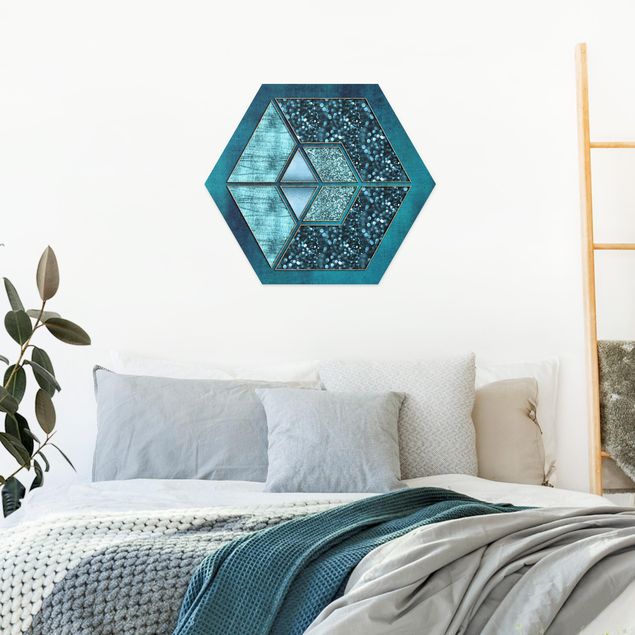 Tavlor konstutskrifter Blue Hexagon With Gold Outline