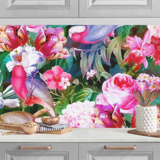 Kök dekoration Colourful Tropical Flowers With Birds Pink