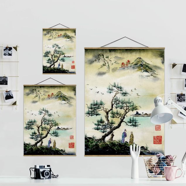 Tavlor retro Japanese Watercolour Drawing Pine And Mountain Village