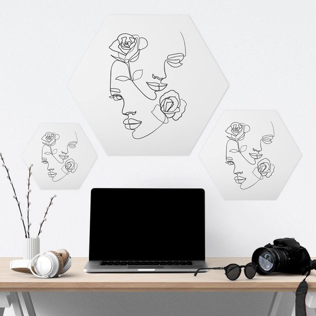 Hexagonala tavlor Line Art Faces Women Roses Black And White
