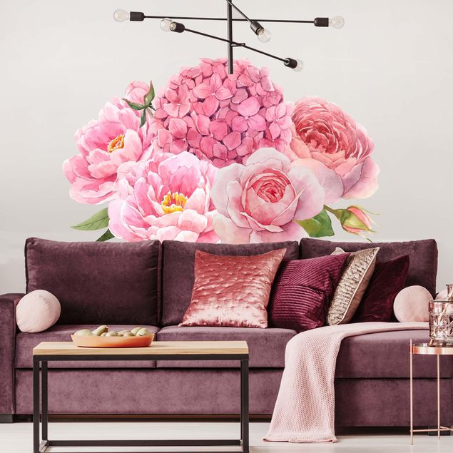 Wallstickers rosor Watercolour Hydrangea Rose Bouquet XXL