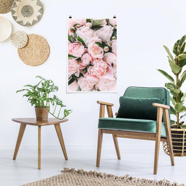 Posters blommor  Pink Peonies With Leaves