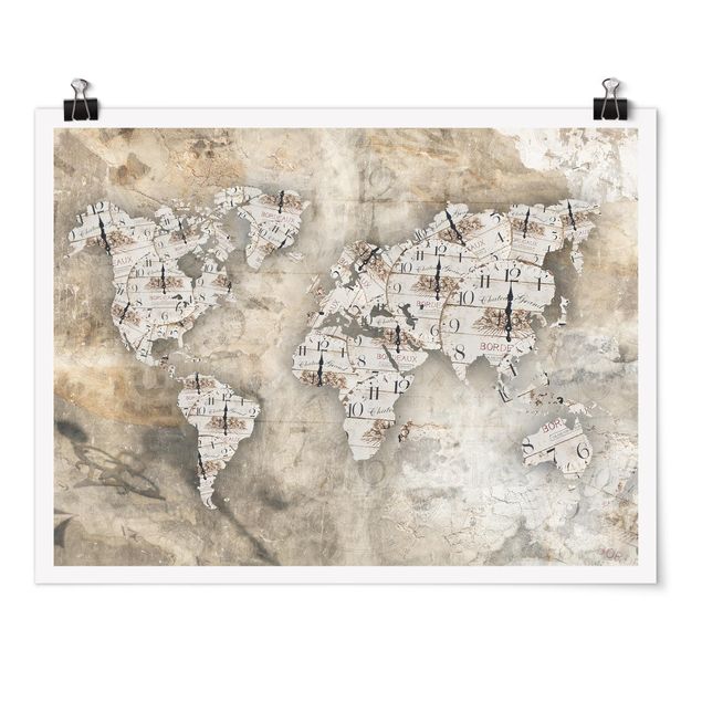Posters ordspråk Shabby Clocks World Map