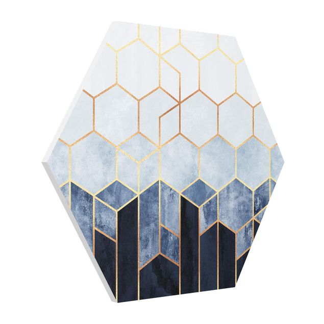 Tavlor abstrakt Golden Hexagons Blue White