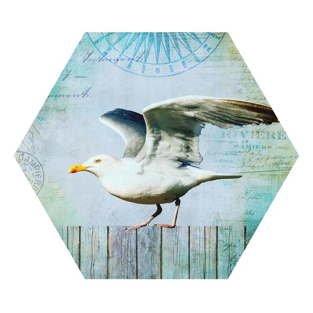 Tavlor blå Vintage Collage - Seagull On Wooden Planks