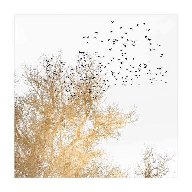 mattor guld Flock Of Birds In Front Of Golden Tree