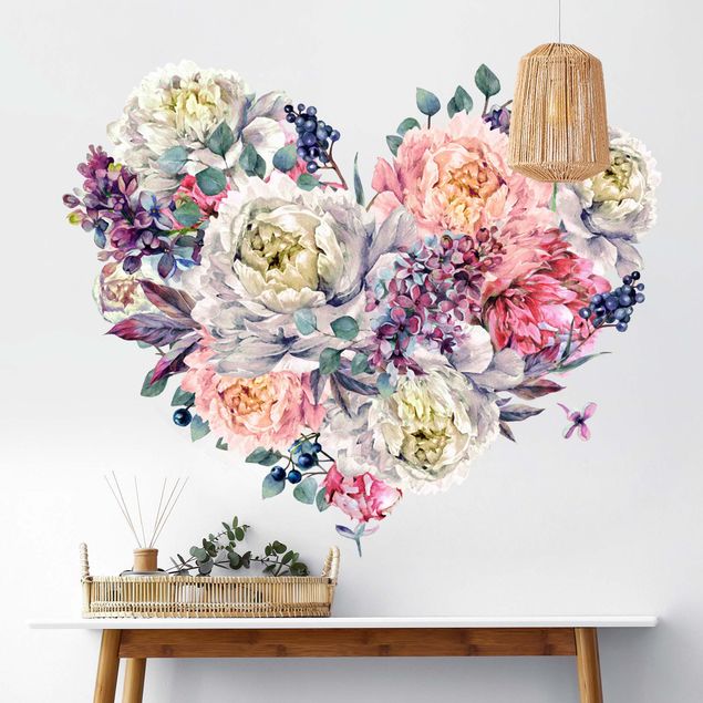 Autocolantes de parede rosas Watercolour Heart Blossoms Bouquet XXL