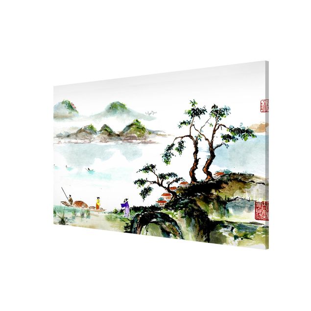 Tavlor landskap Japanese Watercolour Drawing Lake And Mountains