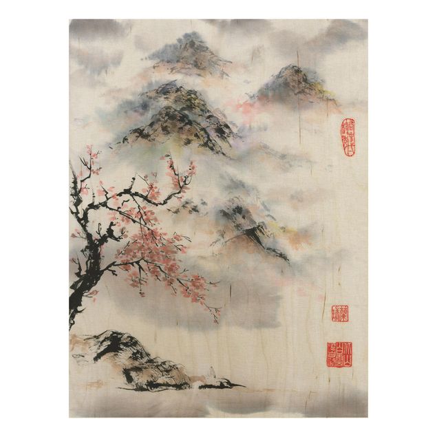 Trätavlor blommor  Japanese Watercolour Drawing Cherry Tree And Mountains