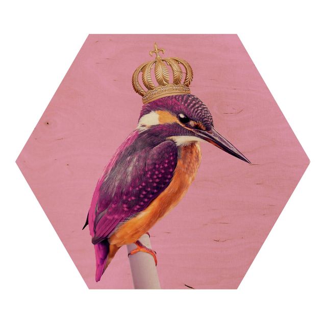 Hexagon Bild Holz - Jonas Loose - Rosa Eisvogel mit Krone
