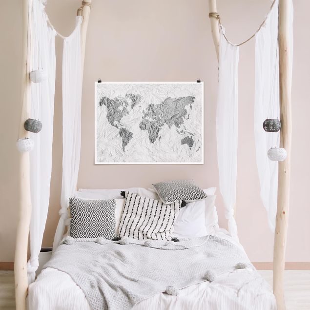 Posters världskartor Paper World Map White Grey