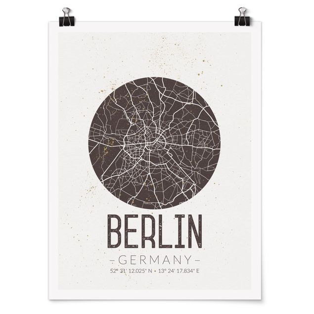 Posters svart och vitt City Map Berlin - Retro
