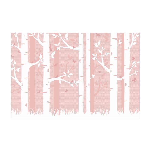 gångmatta natur Pink Birch Forest With Butterflies And Birds