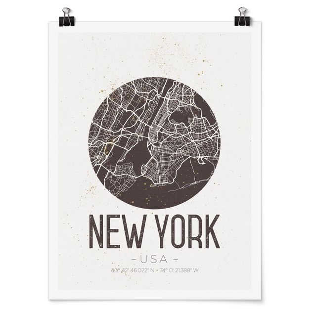 Posters svart och vitt New York City Map - Retro