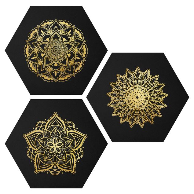 Tavlor andlig Mandala Flower Sun Illustration Set Black Gold