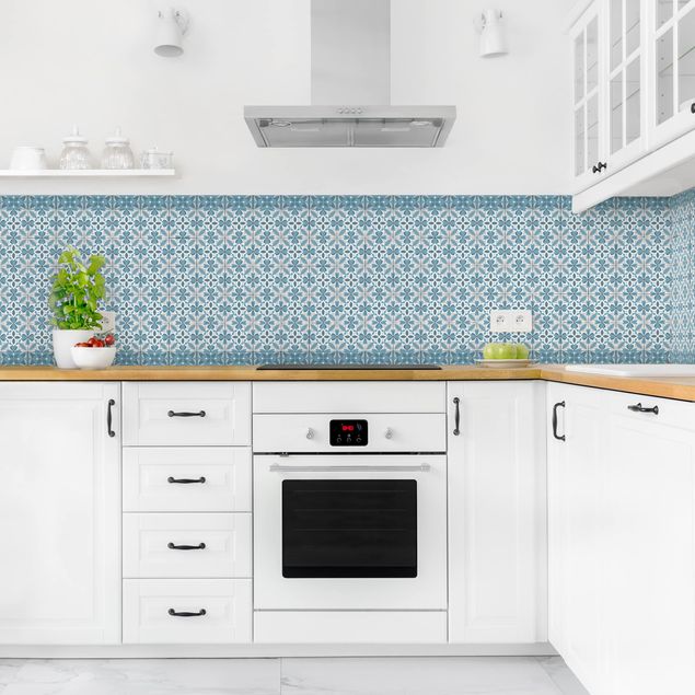 Stänkskydd kök kakeloptik Geometrical Tile Mix Blossom Blue Grey