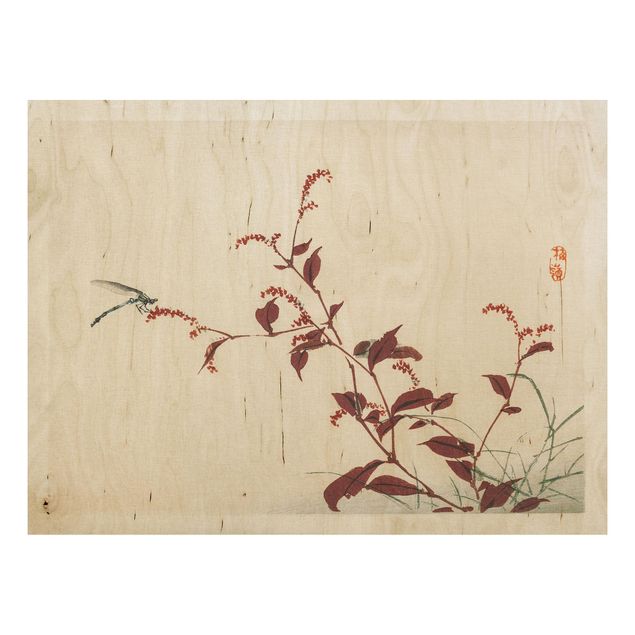 Trätavlor blommor  Asian Vintage Drawing Red Branch With Dragonfly