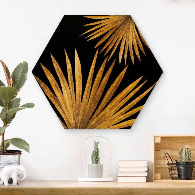 Trätavlor blommor  Gold - Palm Leaf On Black