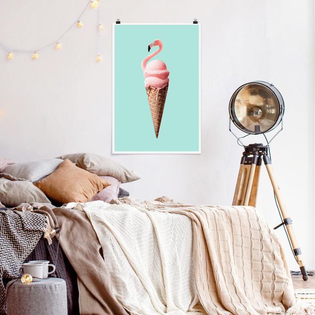 Posters djur Ice Cream Cone With Flamingo