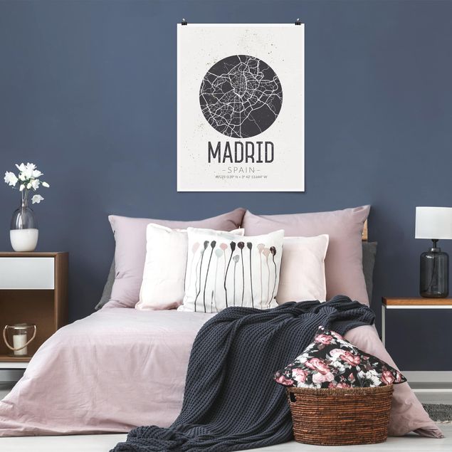 Posters svart och vitt Madrid City Map - Retro