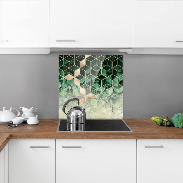 Stänkskydd kök glas mönster Green Leaves Golden Geometry