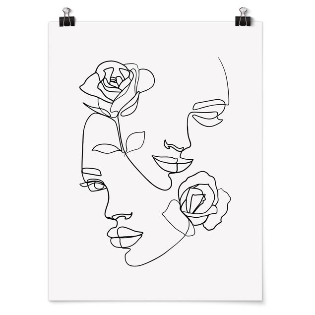 Posters svart och vitt Line Art Faces Women Roses Black And White