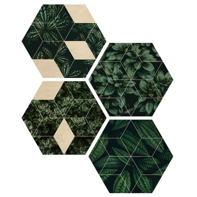 Hexagonala tavlor Green Leaves Geometry Set I