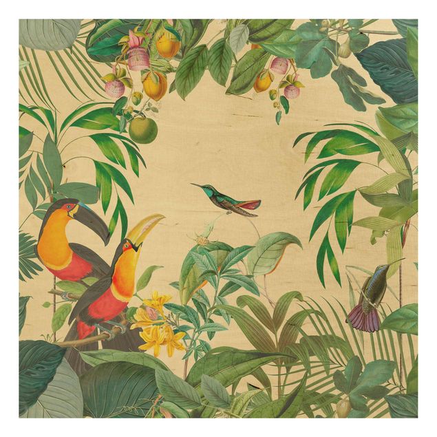 Trätavlor blommor  Vintage Collage - Birds In The Jungle
