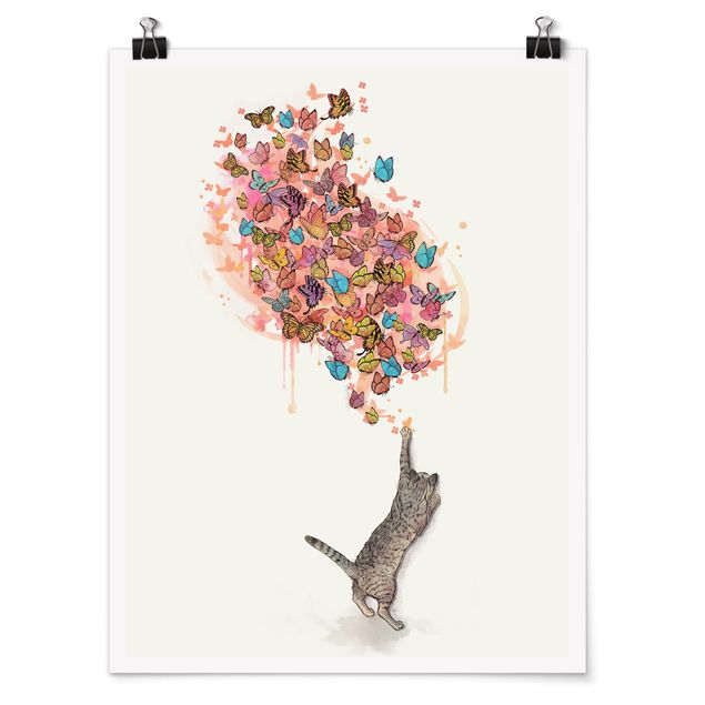 Posters konstutskrifter Illustration Cat With Colourful Butterflies Painting
