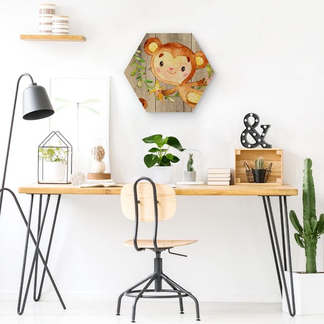Tavlor modernt Watercolor Monkey On Wood