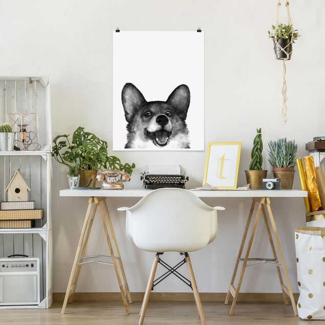 Posters svart och vitt Illustration Dog Corgi Black And White Painting