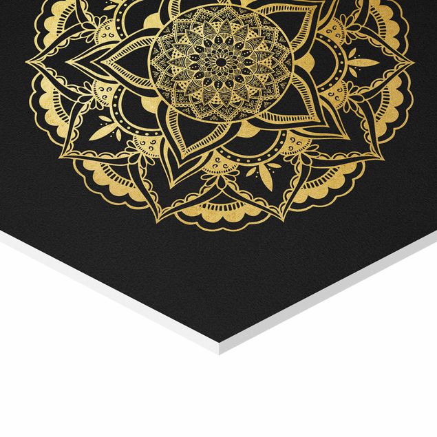 Hexagonala tavlor Mandala Flower Sun Illustration Set Black Gold