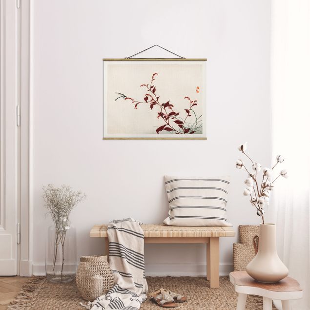 Tavlor blommor  Asian Vintage Drawing Red Branch With Dragonfly