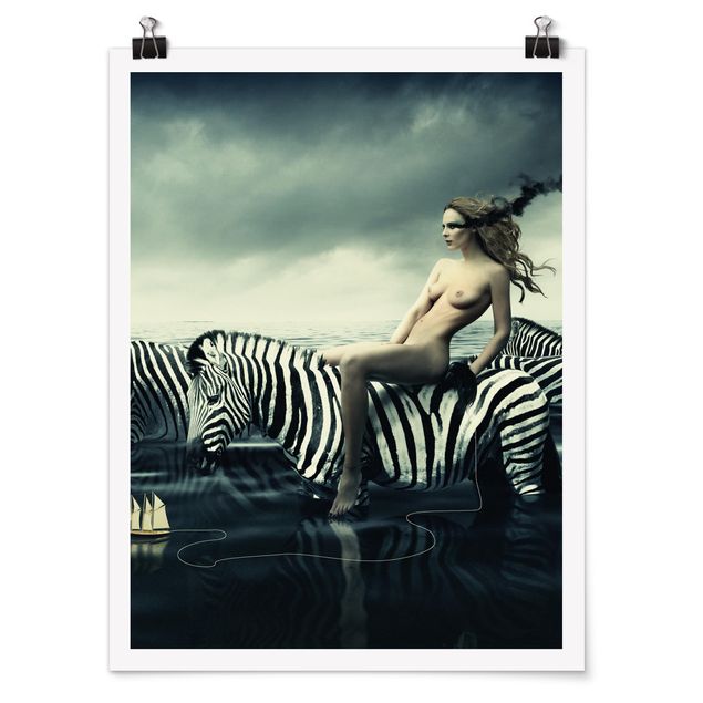 Posters djur Woman Posing With Zebras