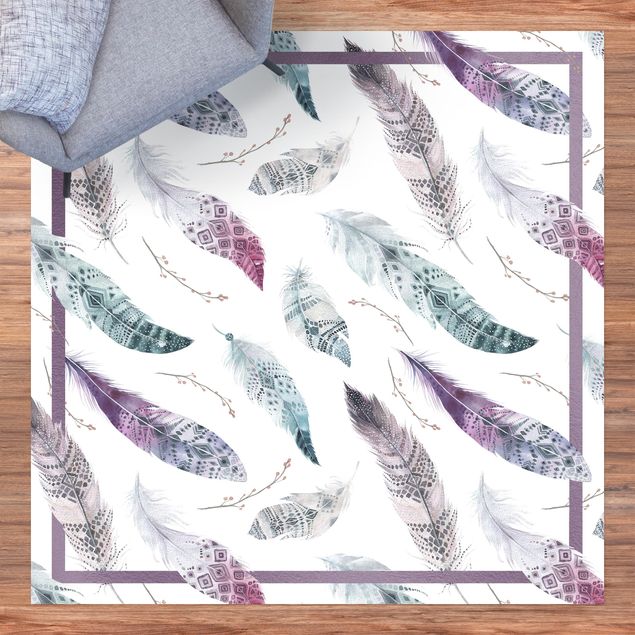 balkongmattor Boho Watercolour Feathers In Aubergine And Petrol Colour With Frame