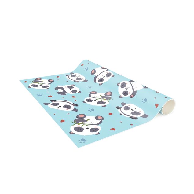 långa mattor Cute Panda With Paw Prints And Hearts Pastel Blue